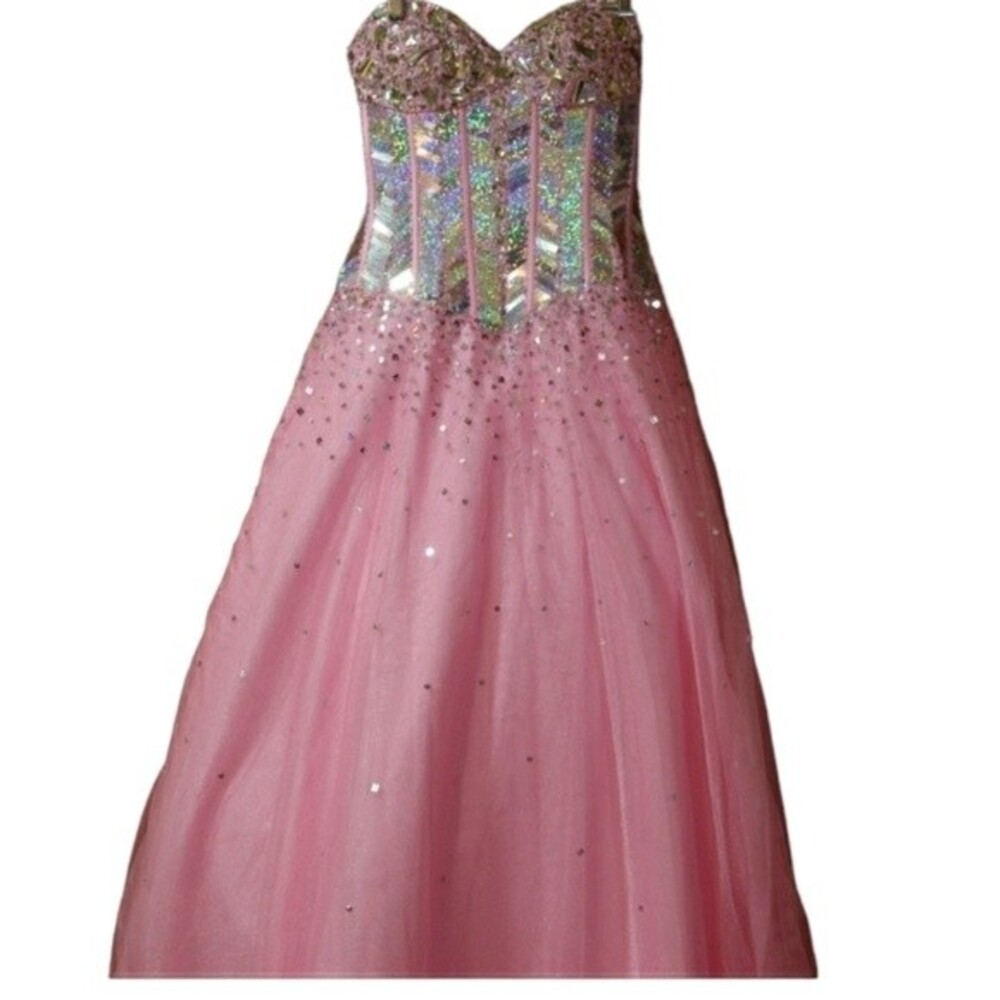 Pink Ballgown Quinceanera Prom Fluffy Full Skirt Barbiecore Gown Dress Holo Bead
